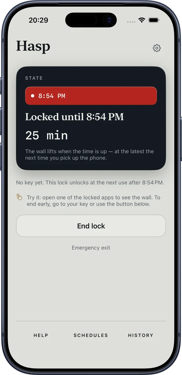 Hasp home screen during a lock: locked until 8:54 PM, 25 minutes left.
