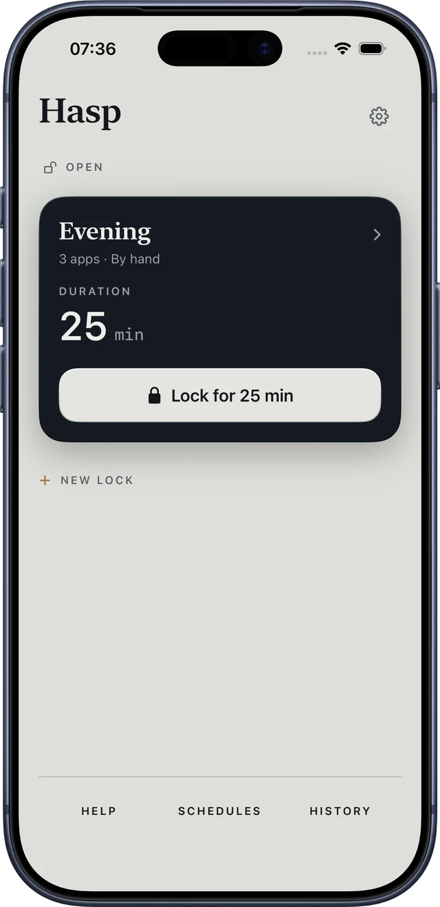 Hasp home screen with a lock ready to start: Evening, 25 minutes.